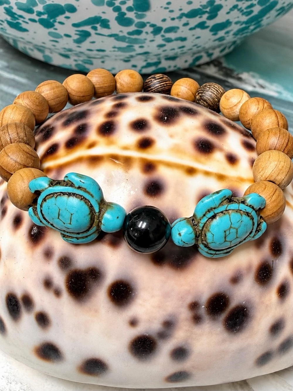 Turquoise Turtle Bead Stretch Bracelet - Genuine Black Tourmaline